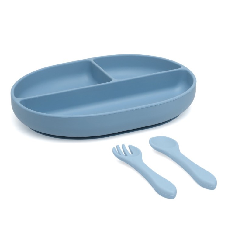 Set posate e vassoio in silicone con scomparti e ventosa azzurro