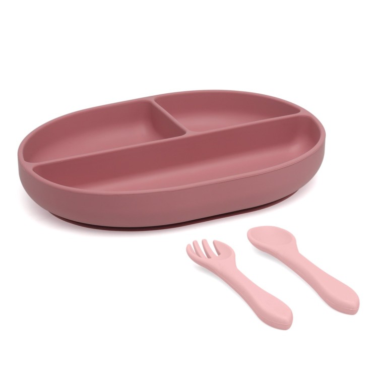 Set posate e vassoio in silicone con scomparti e ventosa rosa