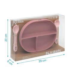 Set posate e vassoio in silicone con scomparti e ventosa rosa